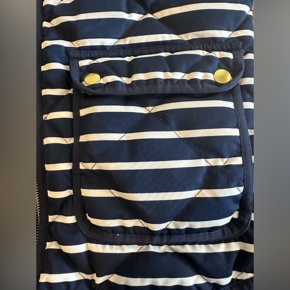 EUC** J Crew Down Filled Puffer Vest Blue Cream Striped Zip Up Women’s Size XXS - Picture 3 of 8